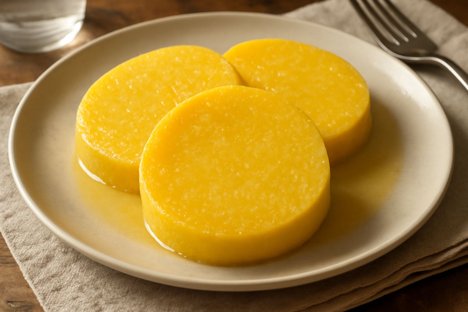 Polenta tonda gialla intenso, tagliata a fette spesse, impiattata su un piatto bianco con un filo di olio extravergine e una spruzzata di sale grosso, con contorno di insalata verde