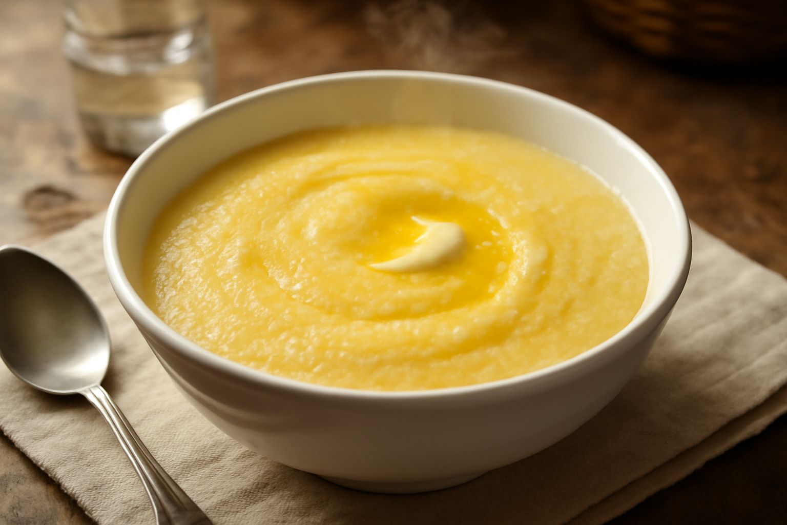 Polentina cremosa color giallo paglierino in una ciotola bianca, fumante, con un filo di burro e miele al centro, cucchiaio di legno a lato, fondo bianco