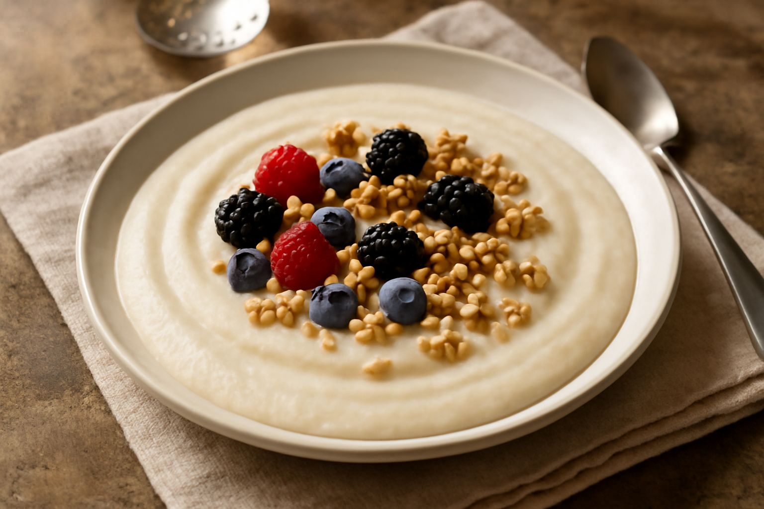 Una ciotola di polentina di farina d'avena color avorio, cremosa e liscia, servita in una scodella bianca, con frutti di bosco freschi rossi e blu sparsi in superficie e un filo di miele dorato