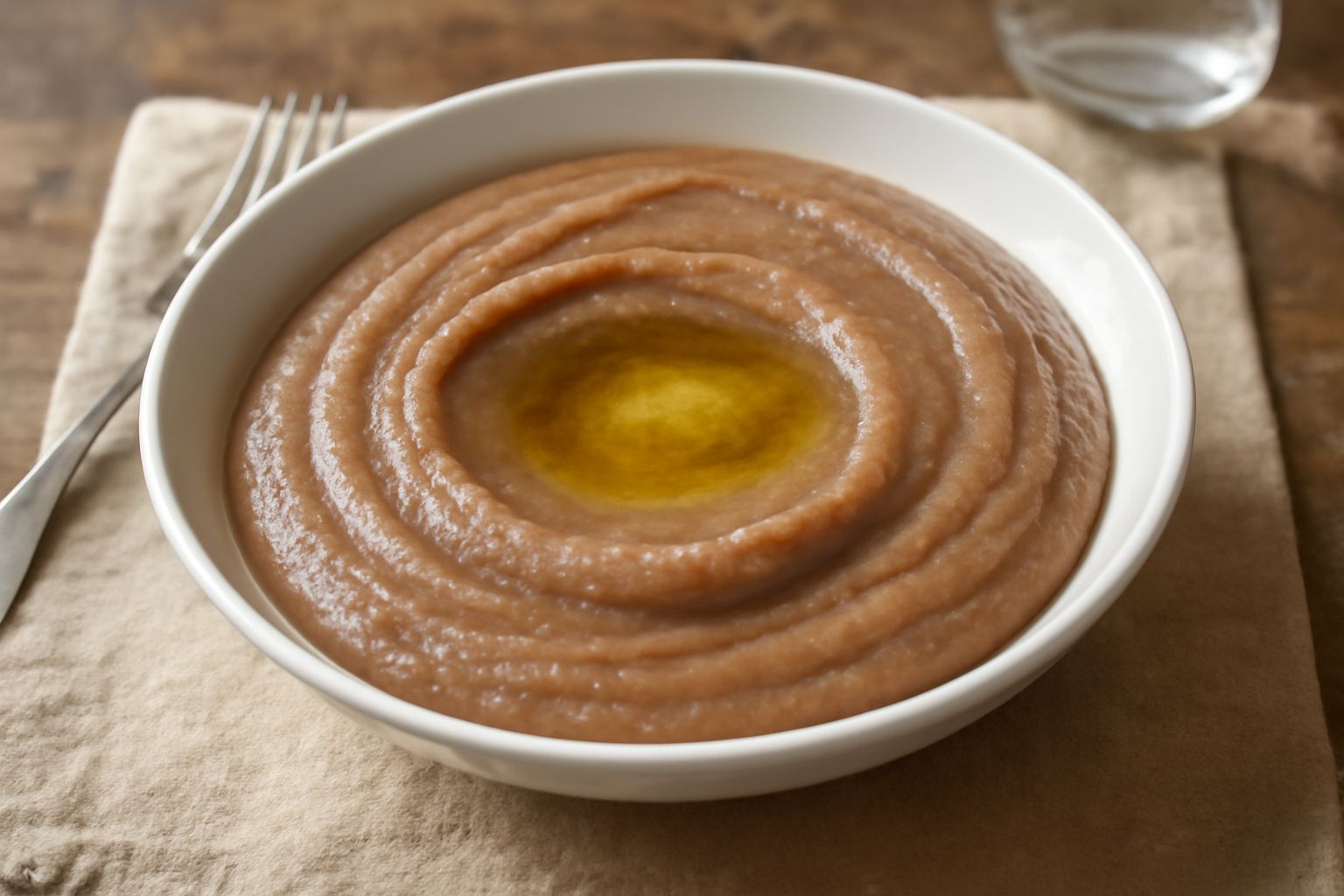 Una ciotola di ceramica bianca contenente polentina di farina di castagne cremosa e liscia, color nocciola, guarnita con una noce di burro fuso al centro e una spolverata di pepe nero. Il fondo di leg
