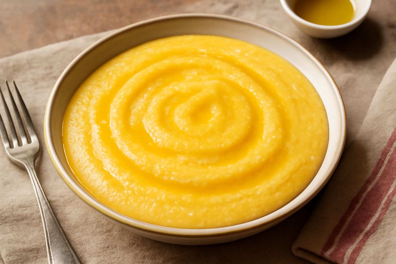 Una ciotola di polentina cremosa di color giallo dorato, servita con un filo di olio d'oliva, accompagnata da verdure grigliate e formaggio grattugiato in superficie