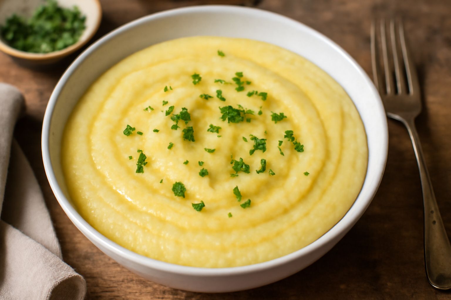 Una ciotola di polentina di farina di miglio dal colore giallo paglierino, cremosa e omogenea, servita in un piatto fondo bianco con un filo di olio extra vergine, completata da foglie di prezzemolo f