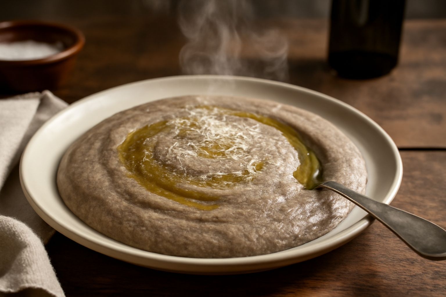 Ciotola di polentina color grigio-beige, cremosa e liscia, condita con un filo di olio verde e una spolverata di parmigiano grattugiato, servita in un piatto fondo bianco