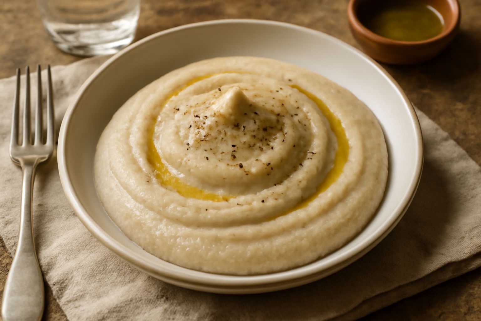 Ciotola di polentina di farina d'orzo cremosa di colore beige chiaro, servita in un piatto fondo bianco, guarnita con un filo di olio extravergine e pepe nero macinato fresco