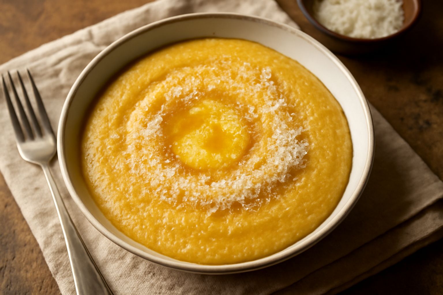 Polentina di granturco giallo cremoso in ciotola bianca con burro sciolto in superficie, guarnita con parmigiano grattugiato e pepe nero macinato fresco