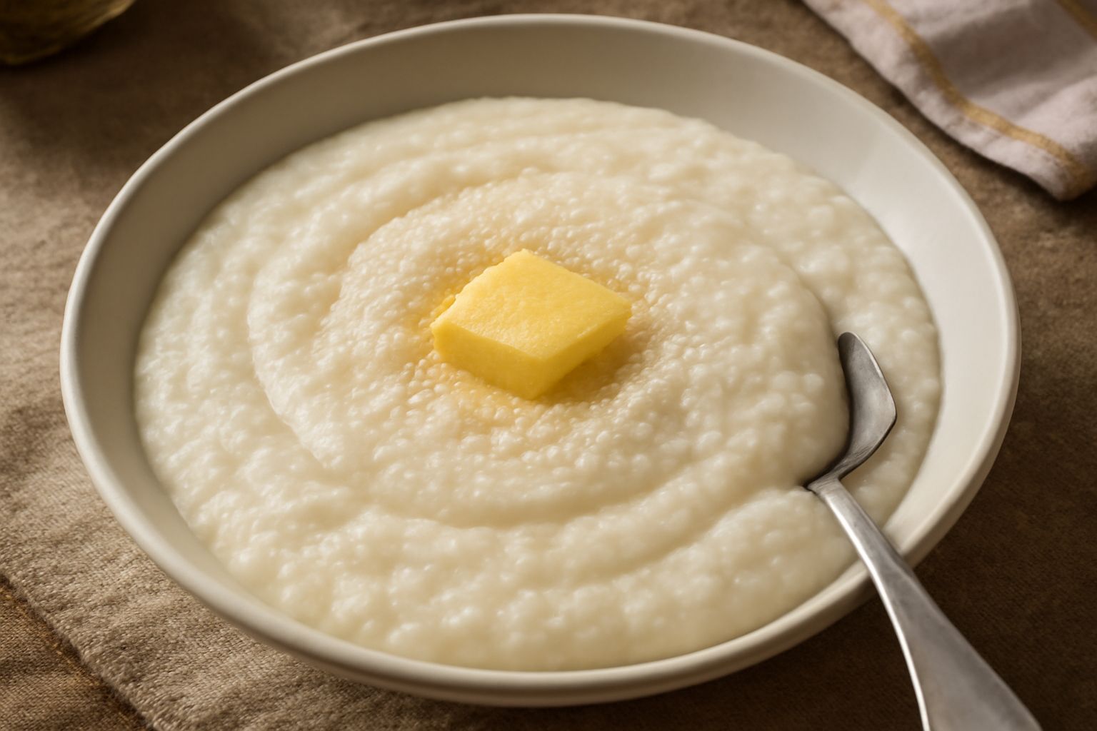 Polentina di riso cremosa bianca e beige servita in piatto fondo bianco, con una noce di burro al centro e un filo di parmigiano grattugiato, brodo che affonda il cucchiaio nella superficie morbida
