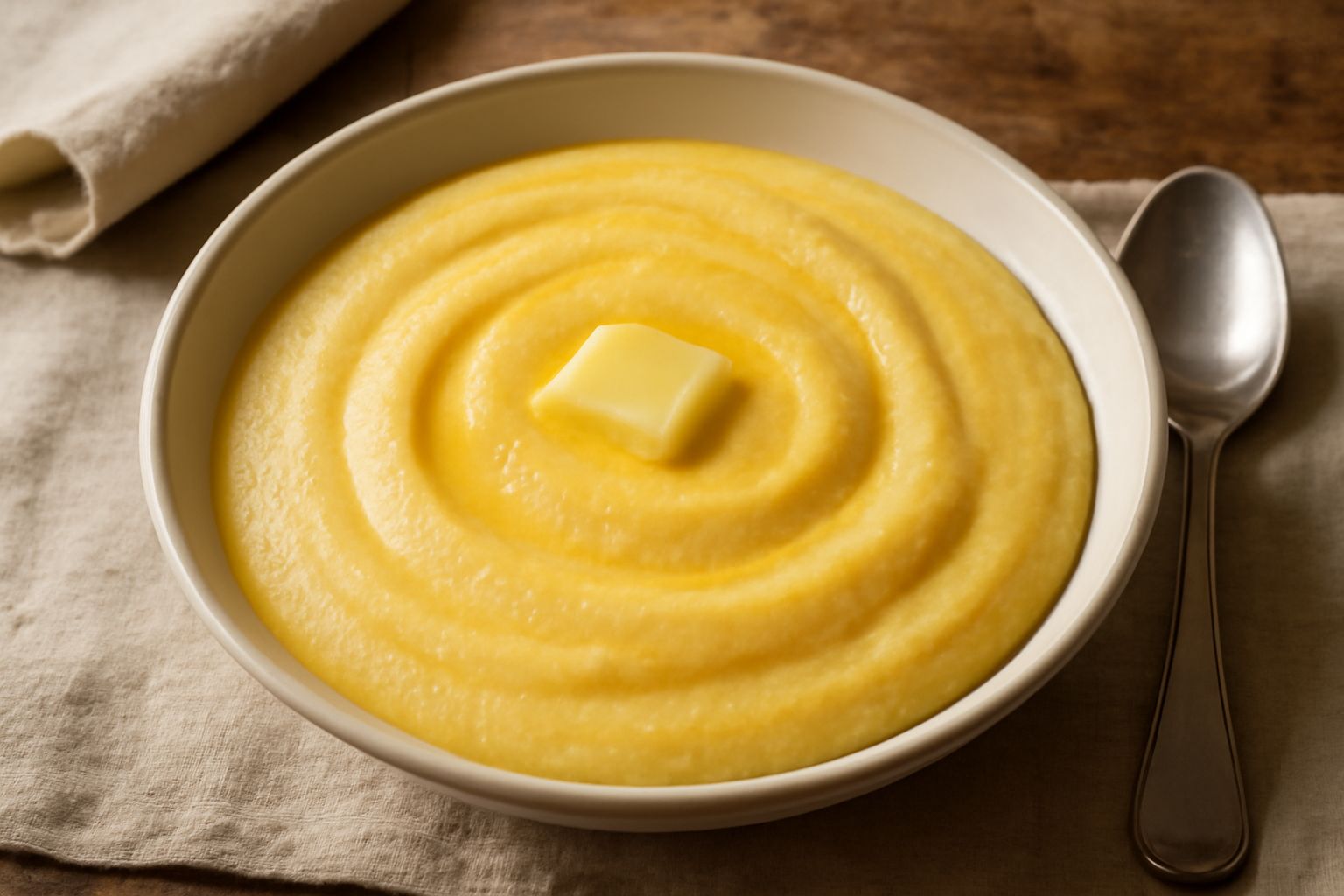 Polentina dolce in una ciotola bianca, di colore giallo oro, con consistenza cremosa e liscia, decorata con un filo di miele e una noce di burro nel centro, su fondo grigio in lino