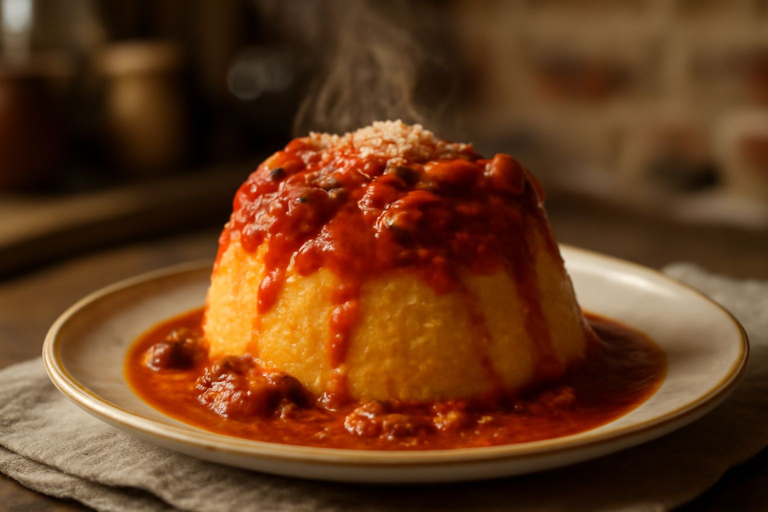 Polentone fumante in una ciotola di ceramica bianca, con ragù rosso e filamenti di formaggio grattugiato in superficie, su tavolo di legno scuro