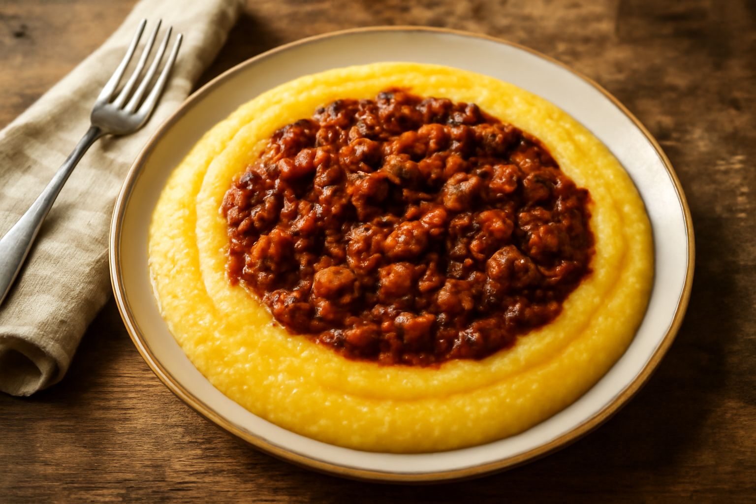 Piatto fondo bianco con polenta gialla cremosa coperta da ragù bruno scuro con pezzetti di carne e verdure, decorato con parmigiano bianco grattugiato e prezzemolo verde