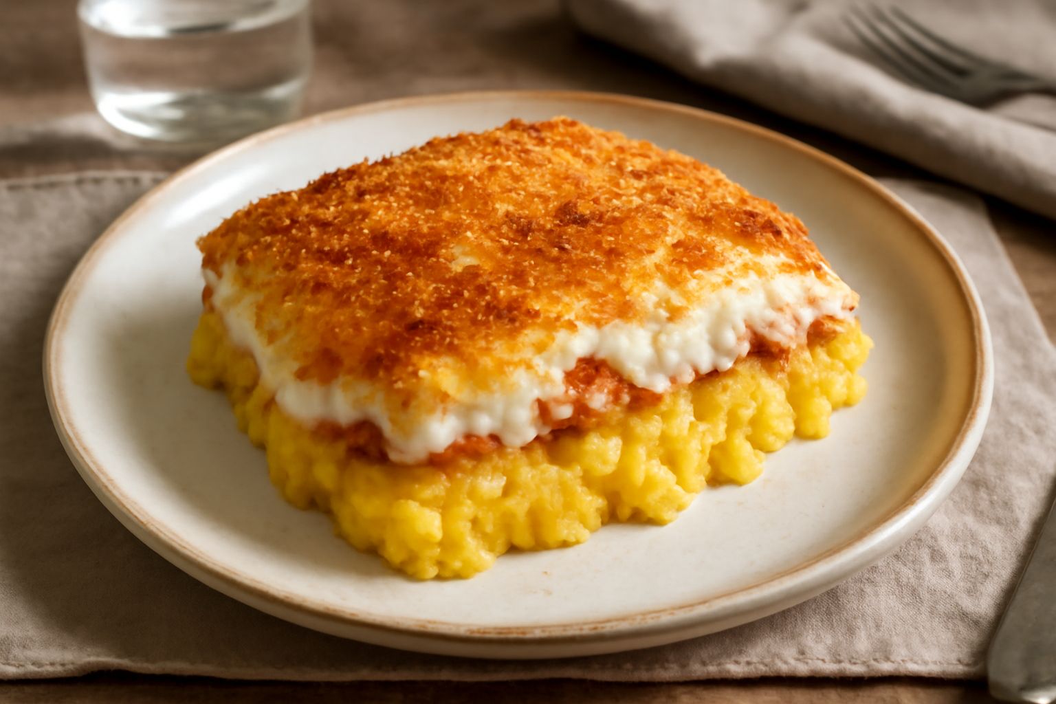 Polentone gratinato dorato in pirofila, con superficie croccante e dorata, bordi leggermente caramellati, fette di polenta visibili al taglio, cosparse di formaggio fuso e pangrattato tostato
