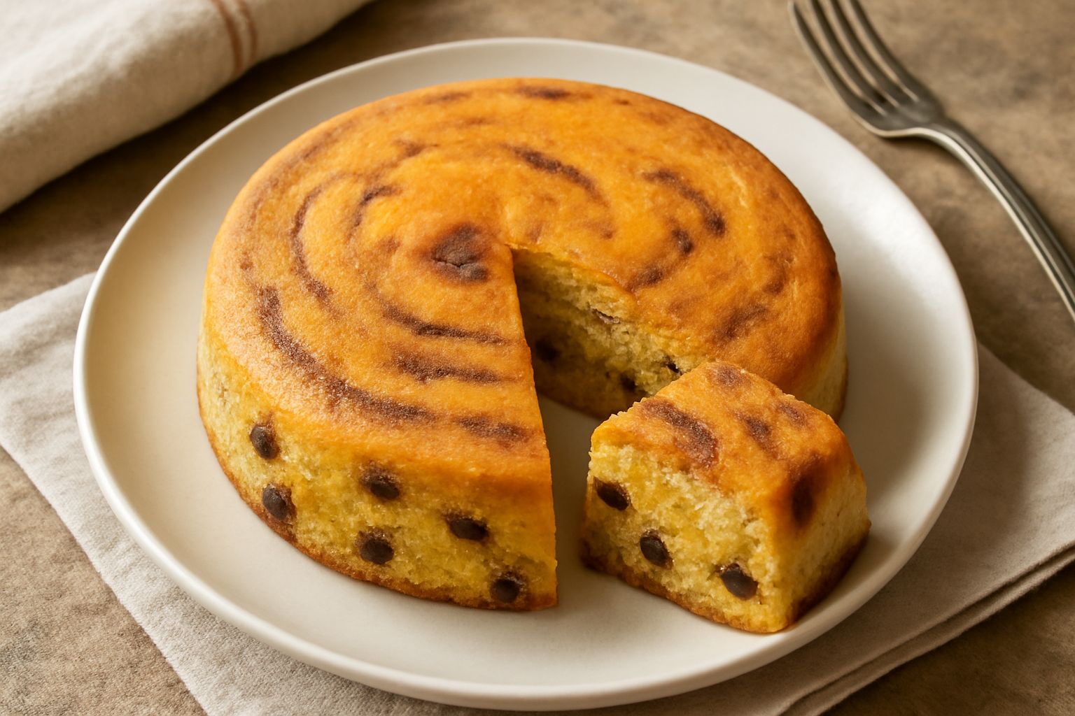 Polentone dolce affettato su un piatto bianco, di colore giallo oro con sfumature marroni dal cacao, con uvetta scura visibile sulla superficie, contorni morbidi e senza crepe