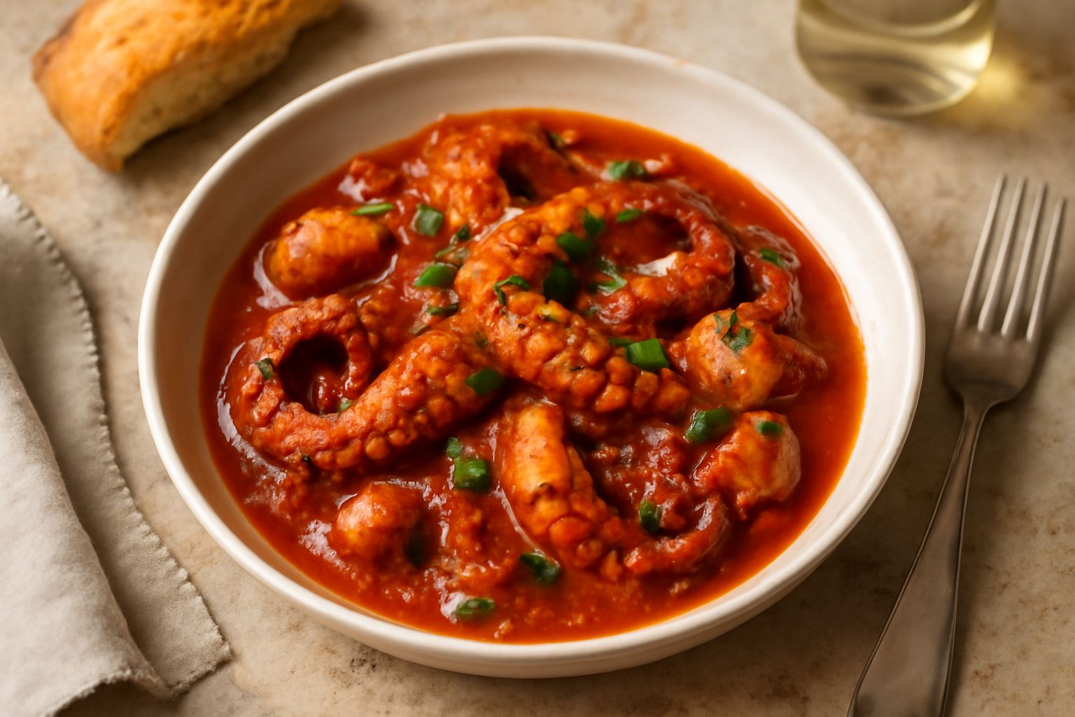 Polipo cotto dentro una pentola di terracotta marrone, circondato da pomodori freschi rossi, aglio spicchi e olio dorato, vapore appena visibile dal bordo della pignata