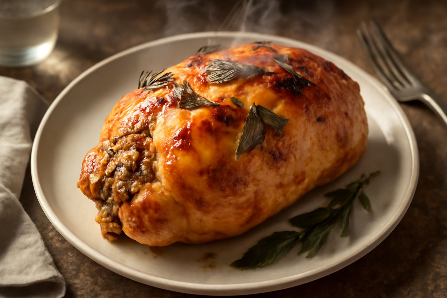 Pollo intero ripieno dorato al forno in un piatto bianco, tagliato a metà per mostrare la farcia di pane e verdure, contornato da patate arrostite e rosmarino fresco