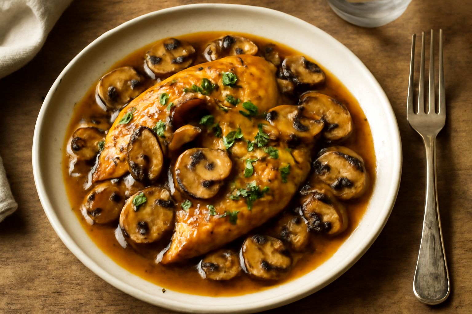 Pollo dorato in salsa di funghi marrone, pezzi di funghi porcini visibili nel brodo cremoso, servito in piatto bianco con prezzemolo verde fresco, accompagnato da contorno di patate o riso