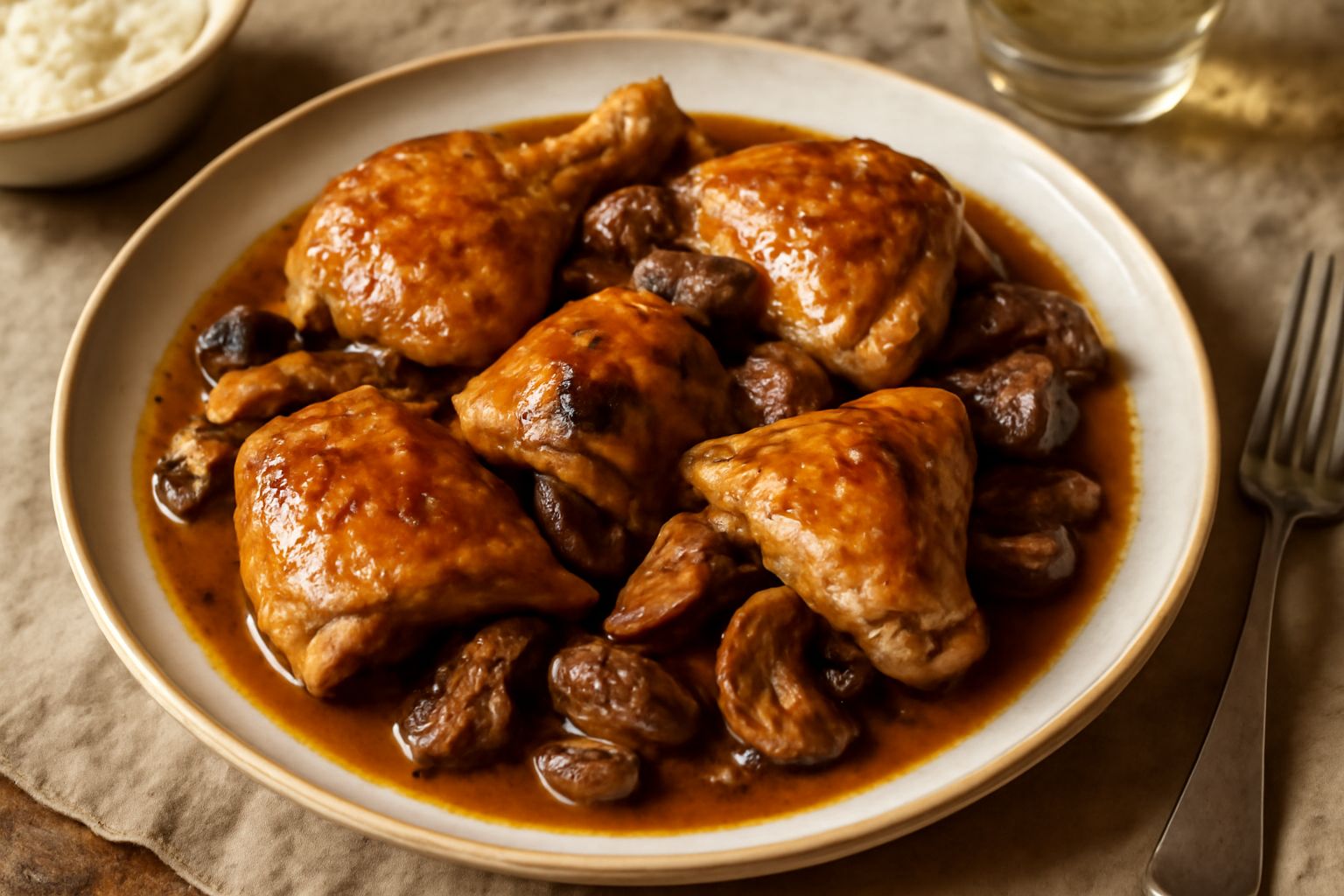 Pollo dorato in un piatto fondo con funghi porcini scuri e rosmarino, in una salsa cremosa di vino bianco, guarnito con prezzemolo fresco