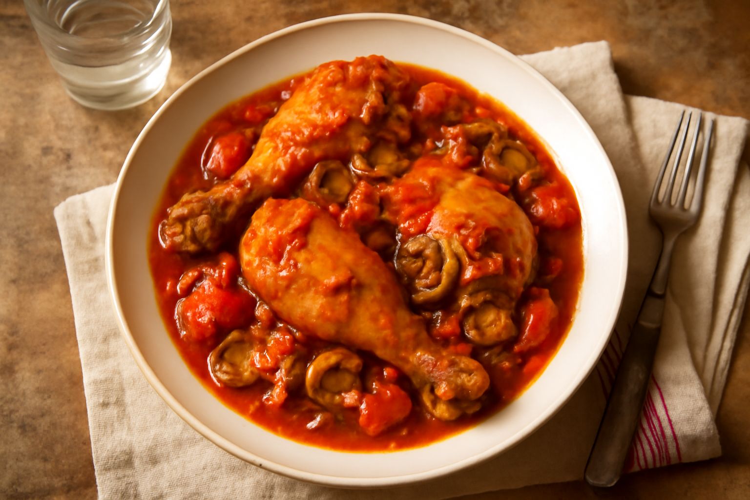 Pollo al cacciatore in pentola di coccio: pezzi di petto e coscia dorati in sugo rosso con pomodori, peperoni rossi e gialli, cipolla bianca e foglie di rosmarino fresco