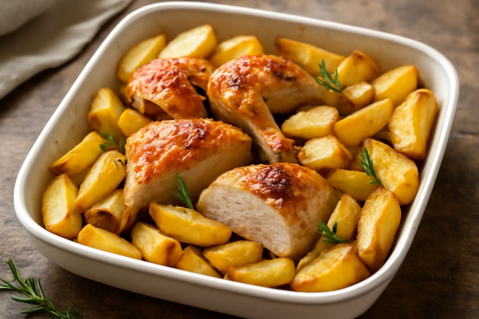 Vassoio di ceramica con pollo arrosto dorato tagliato a pezzi e patate tagliate a spicchi, dorate e croccanti ai bordi, con rosmarino e timo freschi sparsi
