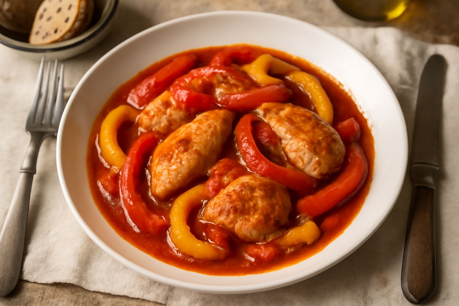 Pollo al peperone servito in piatto fondo bianco: pezzi di pollo dorato circondati da strisce di peperone rosso e giallo morbido, salsa di pomodoro rosso intenso, cipolla traslucida sullo sfondo, prez