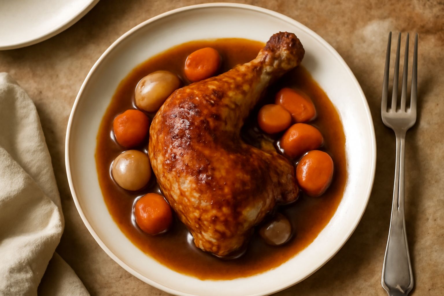 Pollo al vino servito in piatto bianco fondo con salsa brunatra, pezzi di cipolla dorata e carote, accompagnato da pane tostato e un bicchiere di vino rosso