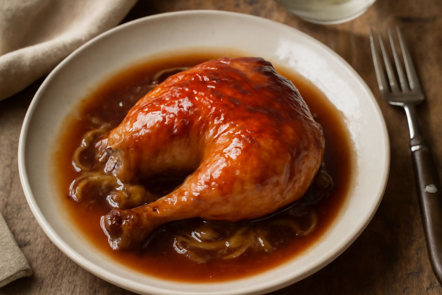 Pollo dorato con pelle rosso-marrone brillante in una cocotta di terracotta con salsa scura e cipolla caramellata, vapore appena accennato, contorno di patate sul piatto bianco