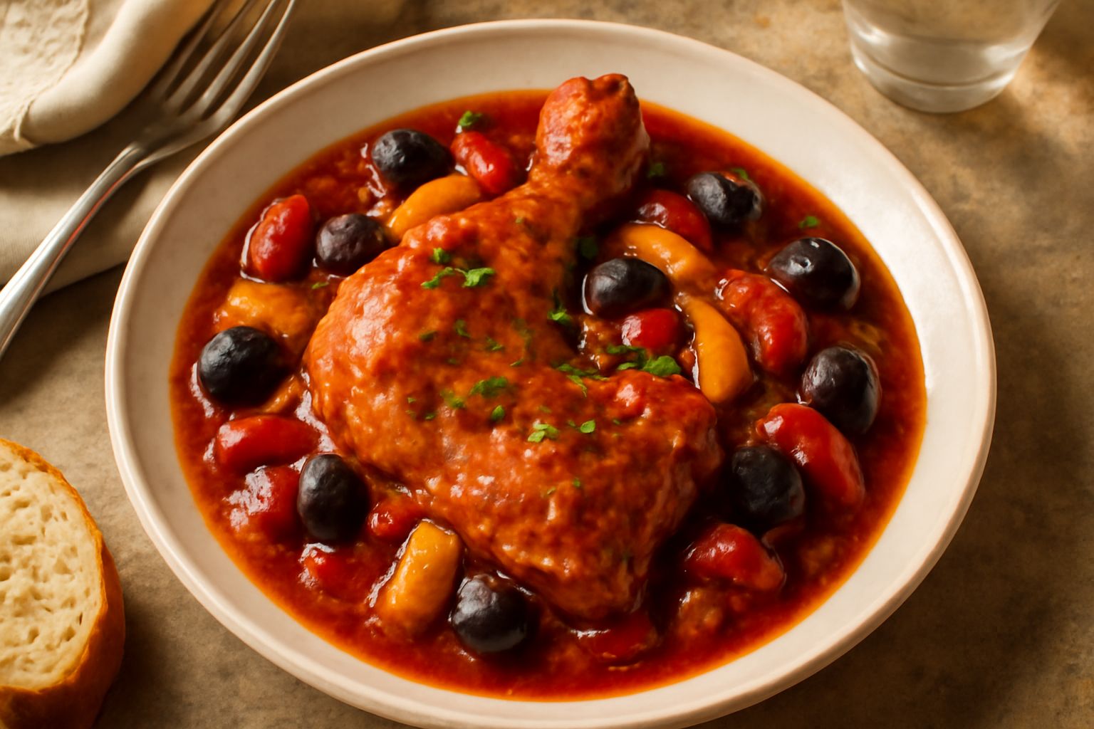 Pollo in umido dorato con salsa rossa di pomodori, olive nere e peperoni rossi in un piatto bianco fondo con prezzemolo fresco, contorno di verdure in umido intorno al pezzo di carne
