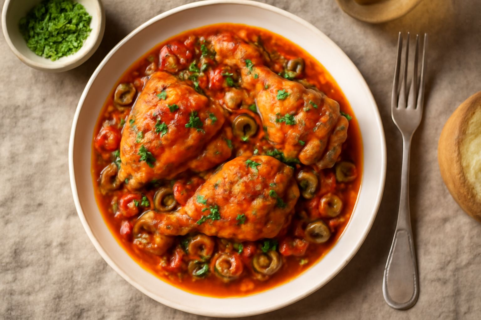 Pollo dorato in umido con pomodori rossi, olive nere e peperoni gialli in una padella di terracotta, vapore caldo e salvia verde