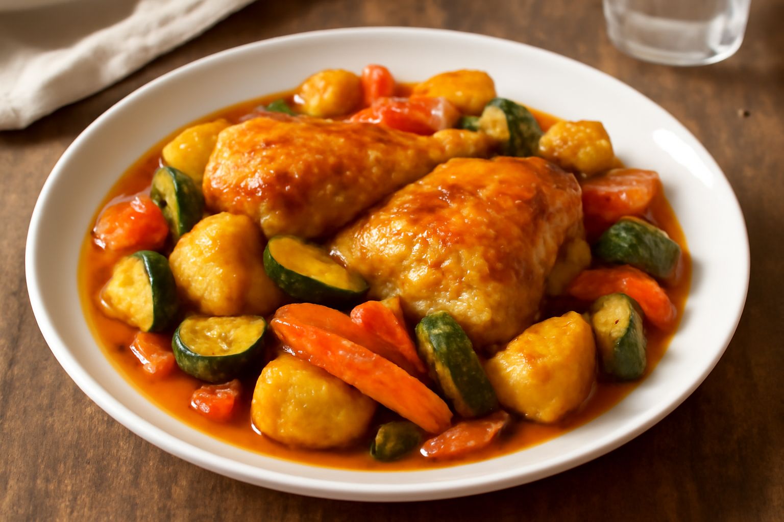 Pollo dorato tagliato a pezzi in un piatto bianco, circondato da zucchine grigie, patate crema e pomodori rossi, con prezzemolo verde fresco sparso sopra e un fondo di brodo ambrato