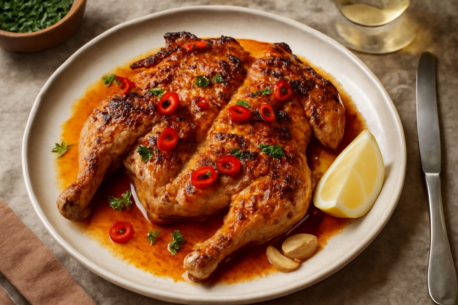 Pollo intero appiattito, dorato e croccante in padella, con peperoncino rosso fresco visibile sulla superficie, olio lucido, limone fresco sul piatto bianco