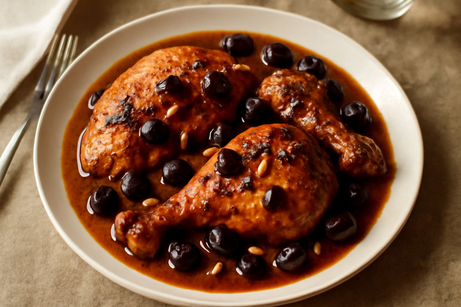 Pollo dorato in umido con salsa marrone scura, olive nere e pignoli sparsi sulla superficie, servito in un piatto bianco con contorno di verdure verdi, con peperoni gialli in fondo al piatto