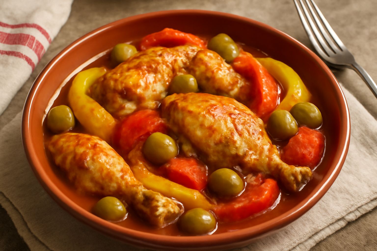 Pollo in umido color dorato-marrone in tegame di terracotta, circondato da olive verdi intere, strisce di peperone rosso e giallo, salsa wine-scura e lucida, garnish di prezzemolo fresco verde