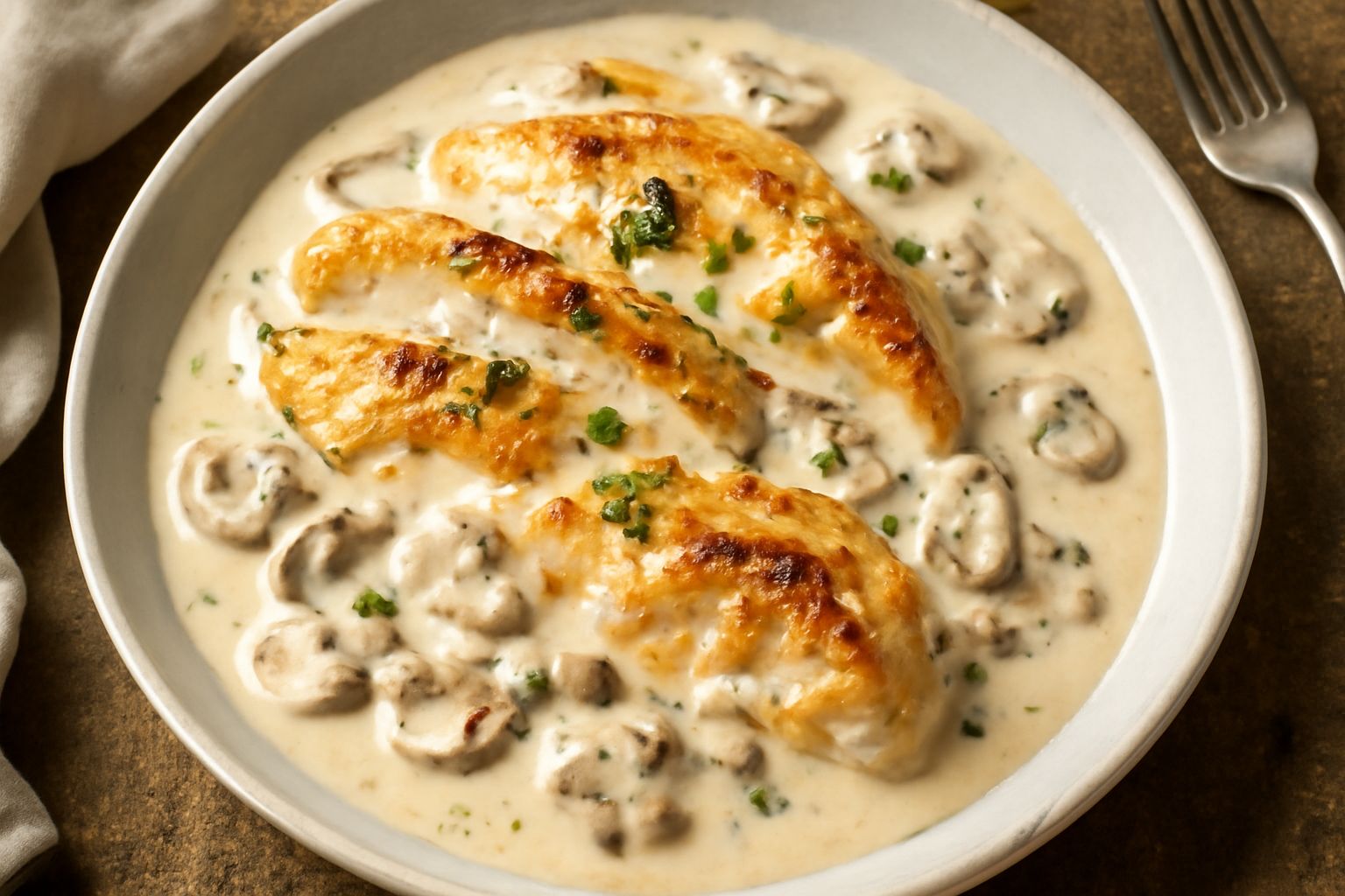 Petto di pollo affettato in un piatto bianco con sugo cremoso color avorio, funghi champignon visibili, prezzemolo fresco sparso, contorno di riso bianco