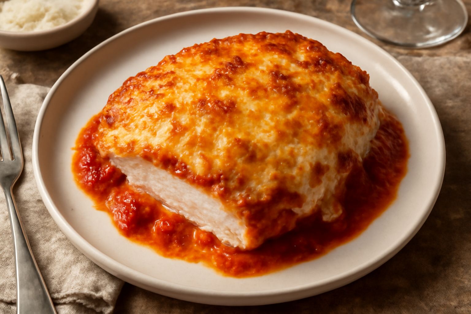 Pollo alla parmigiana dorato in piatto bianco, con formaggio filante che fuoriesce dal bordo, salsa di pomodoro visibile sotto la crosta croccante, gratinatura brunita, contorno di verdure fresche sul