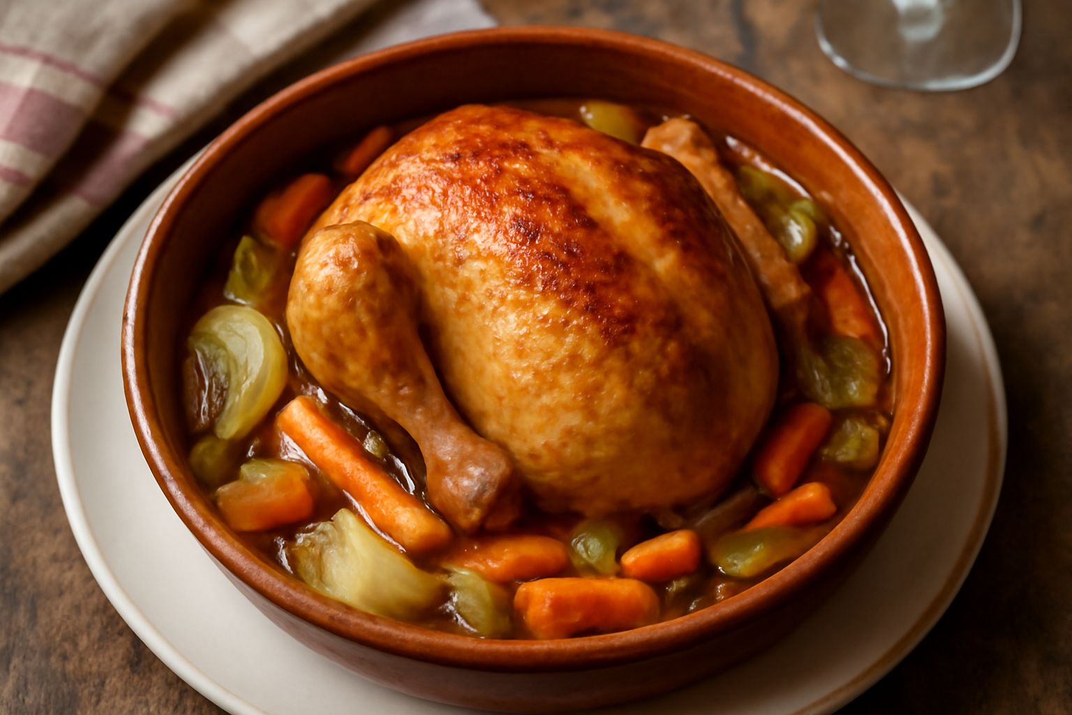 Pollo dorato e intero in pentola di coccio terracotta con cipolle, carote e sedano, vapore che sale dal piatto, tavolo di legno scuro