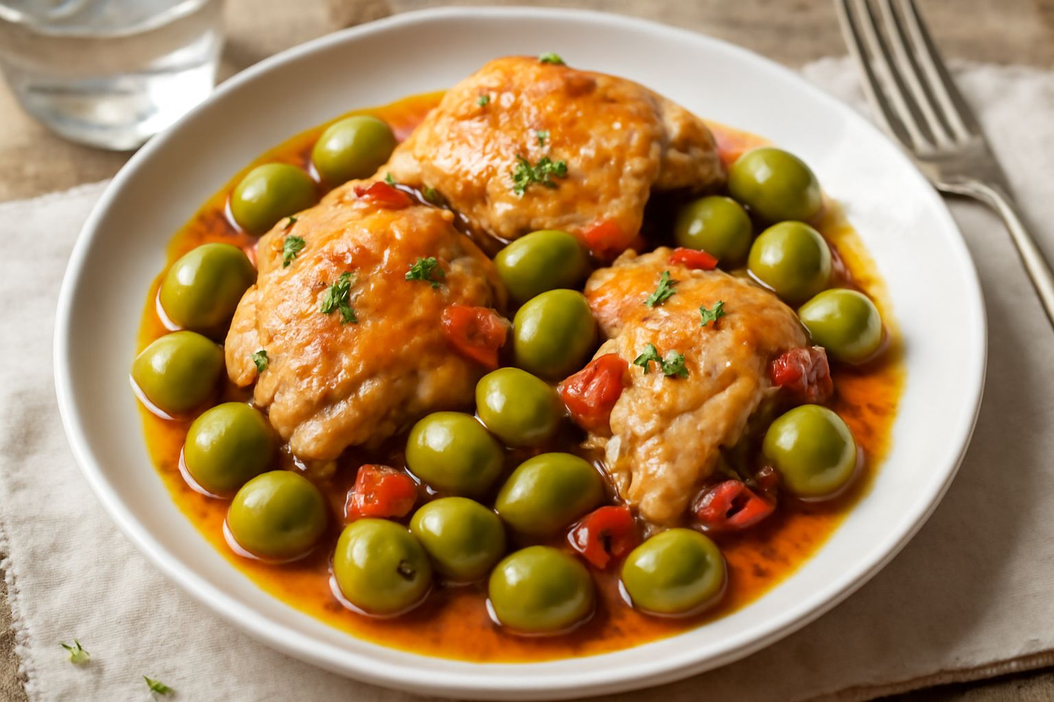 Pollo alle olive servito in un piatto bianco fondo, con pezzetti di petto e cosce dorati in salsa marrone, olive verdi intere sparse in superficie, pomodori rossi in piccoli pezzi, prezzemolo fresco t