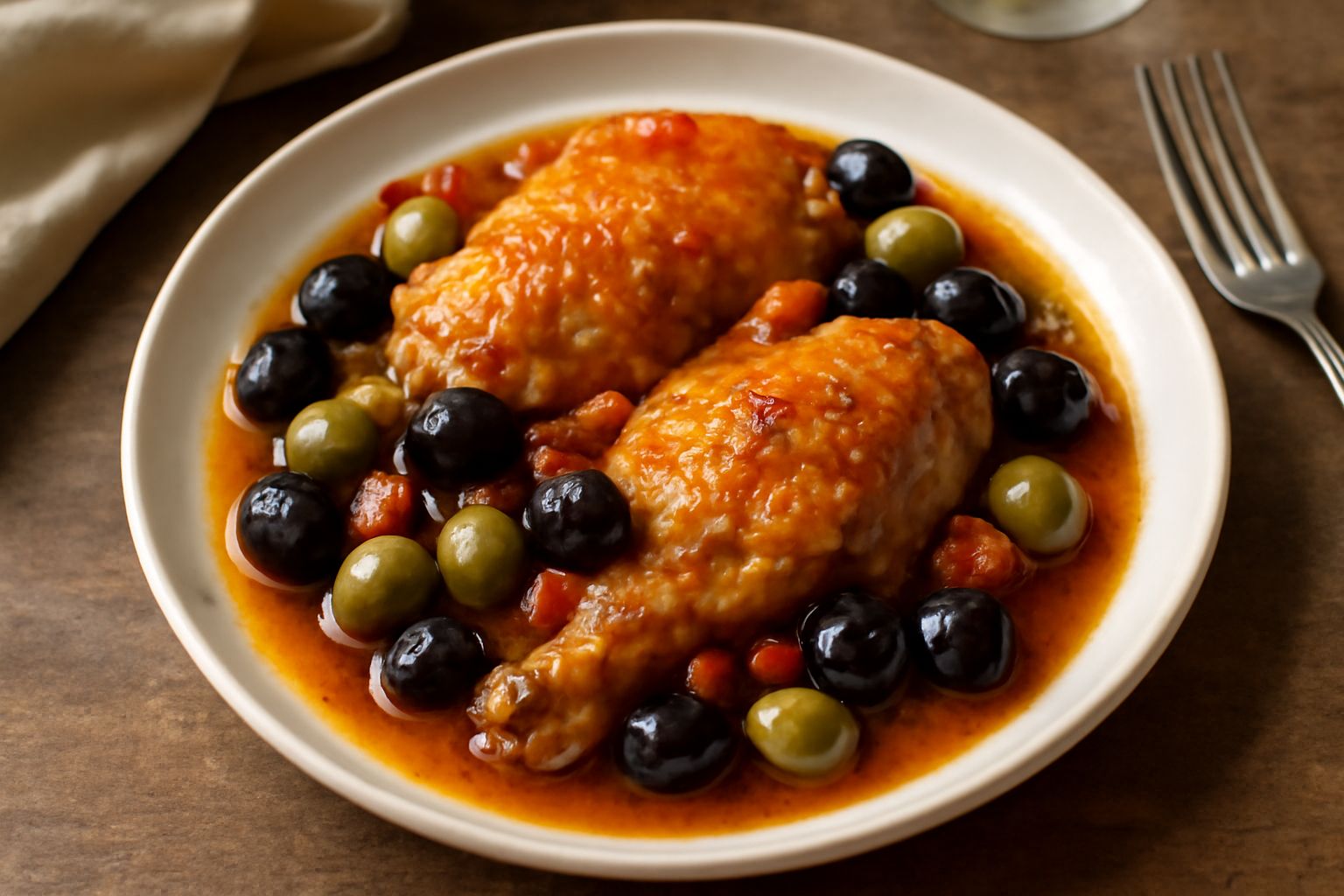 Pollo stufato dorato con olive nere e verdi, pomodori rossi e cipolla in un piatto di ceramica bianca, accompagnato da pane tostato e erbe aromatiche di contorno