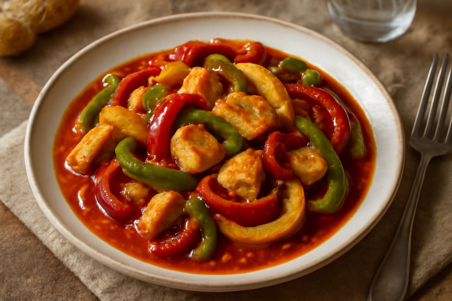 Pollo dorato in padella con peperoni rossi, gialli e verdi a striscie, aglio e salsa di pomodoro, presentato in un piatto bianco con bordo rosso, ancora fumante
