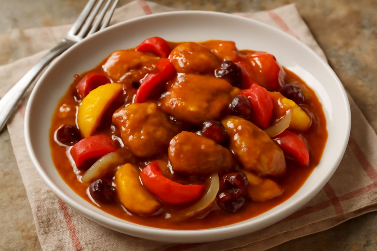 Piatto di pollo in agrodolce con pezzi di carne dorata e lucida, peperoni rossi e gialli tagliati, cipolla trasparente, salsa agrodolce marrone che ricopre il piatto. Guarnito con prezzemolo fresco. F
