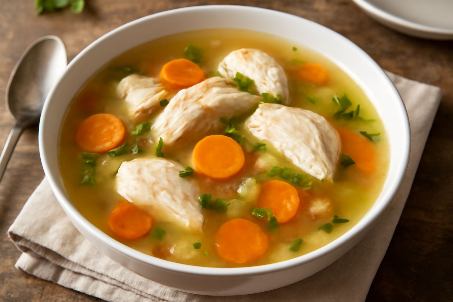 Una ciotola di ceramica bianca con brodo trasparente e ambrato, pezzetti di pollo tenero, carota, sedano e prezzemolo fresco verde in superficie, vapore leggero