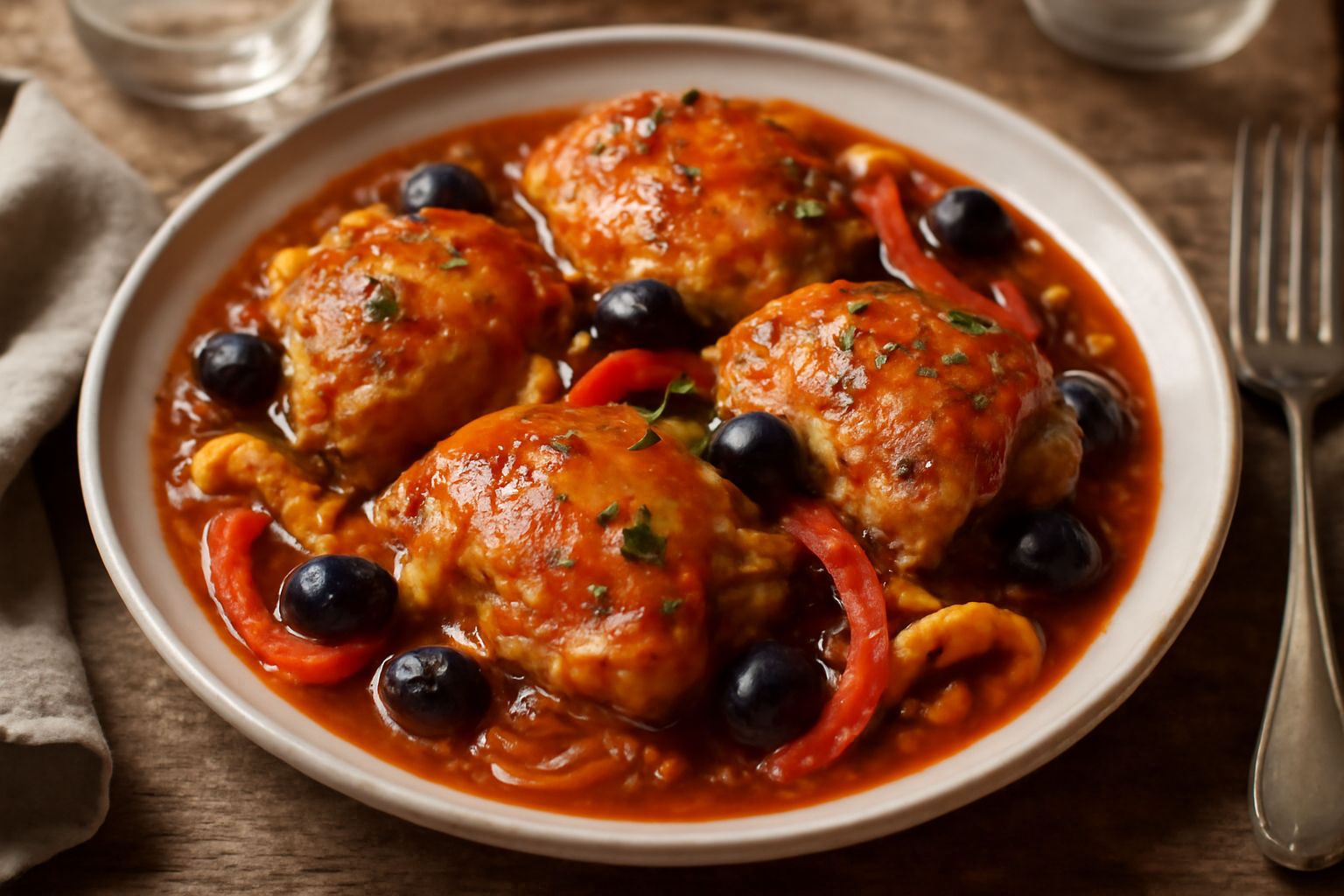 Pollo in cacciatore in un piatto bianco: bocconi di carne brunita circondati da sugo rosso con pomodori, peperoni gialli e rossi, olive nere e prezzemolo fresco spolverato