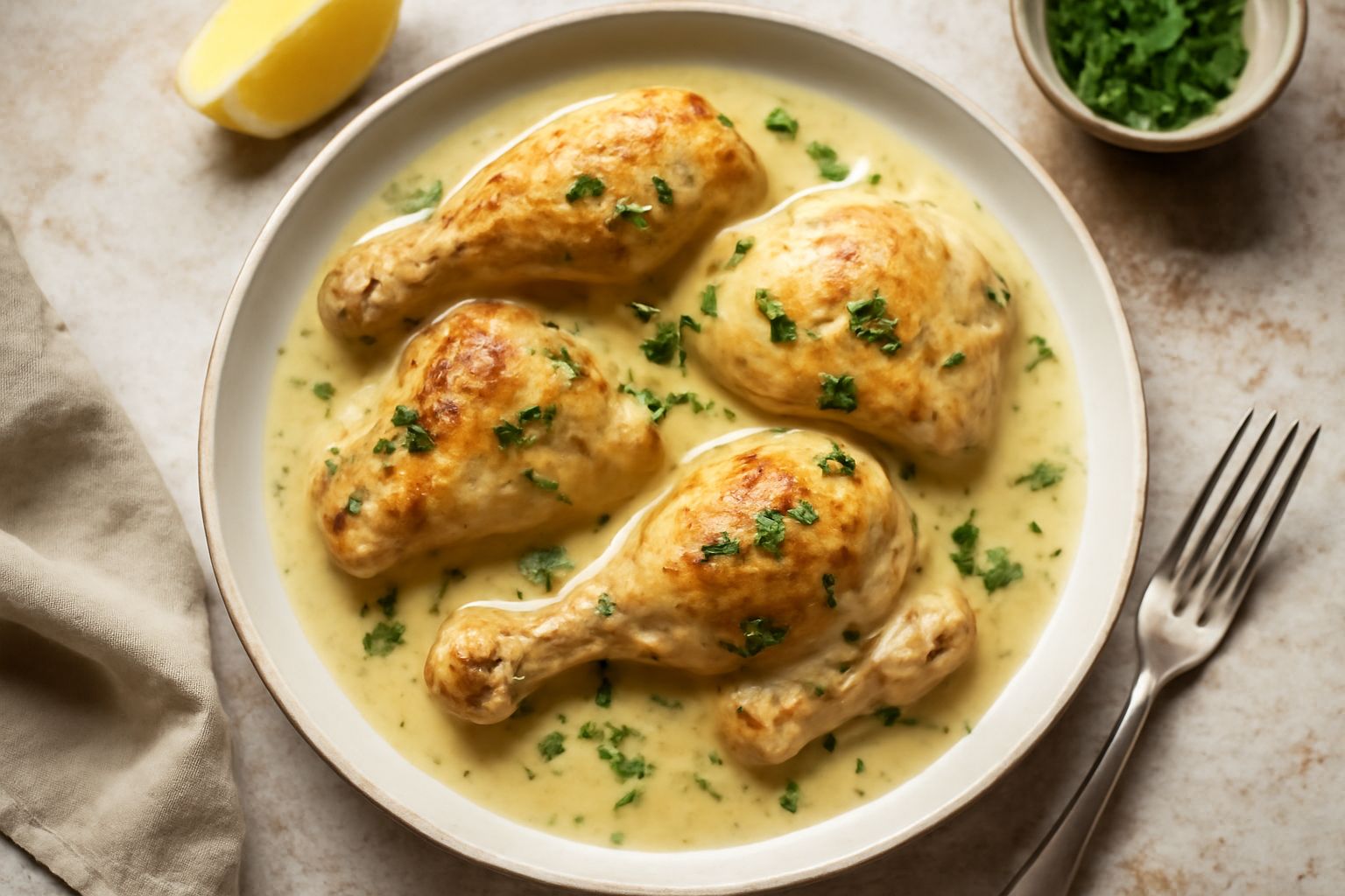 Pollo in fricassea servito in un piatto fondo bianco: bocconi di pollo tenero in salsa cremosa color panna, decorato con prezzemolo fresco, con contorno di patate lesse
