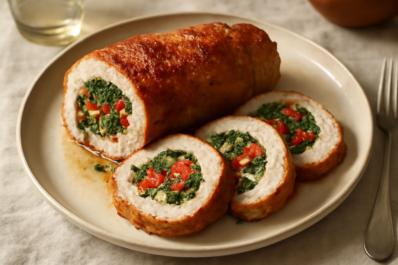 Pollo in porchetta affettato su un piatto bianco, sezione trasversale che mostra il ripieno di verdure colorate e erbe verdi, superficie della carne dorata, servito con contorno di insalata fresca