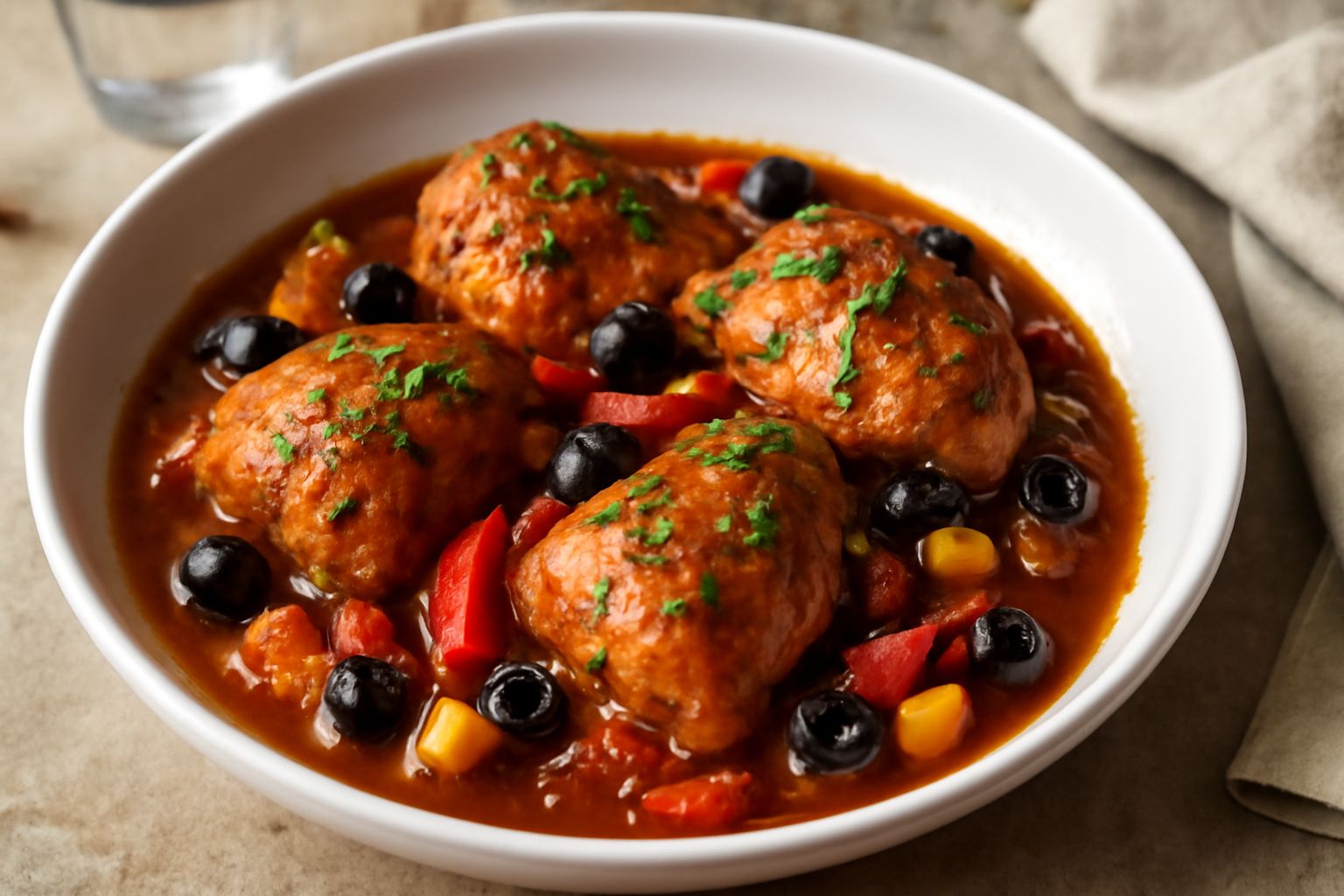 Piatto bianco con pollo in umido marrone e rosso, pezzi di pollo con sugo denso di pomodoro, olive nere, listarelle di peperone rosso e giallo, cipolla morbida, guarnito con prezzemolo fresco tritato