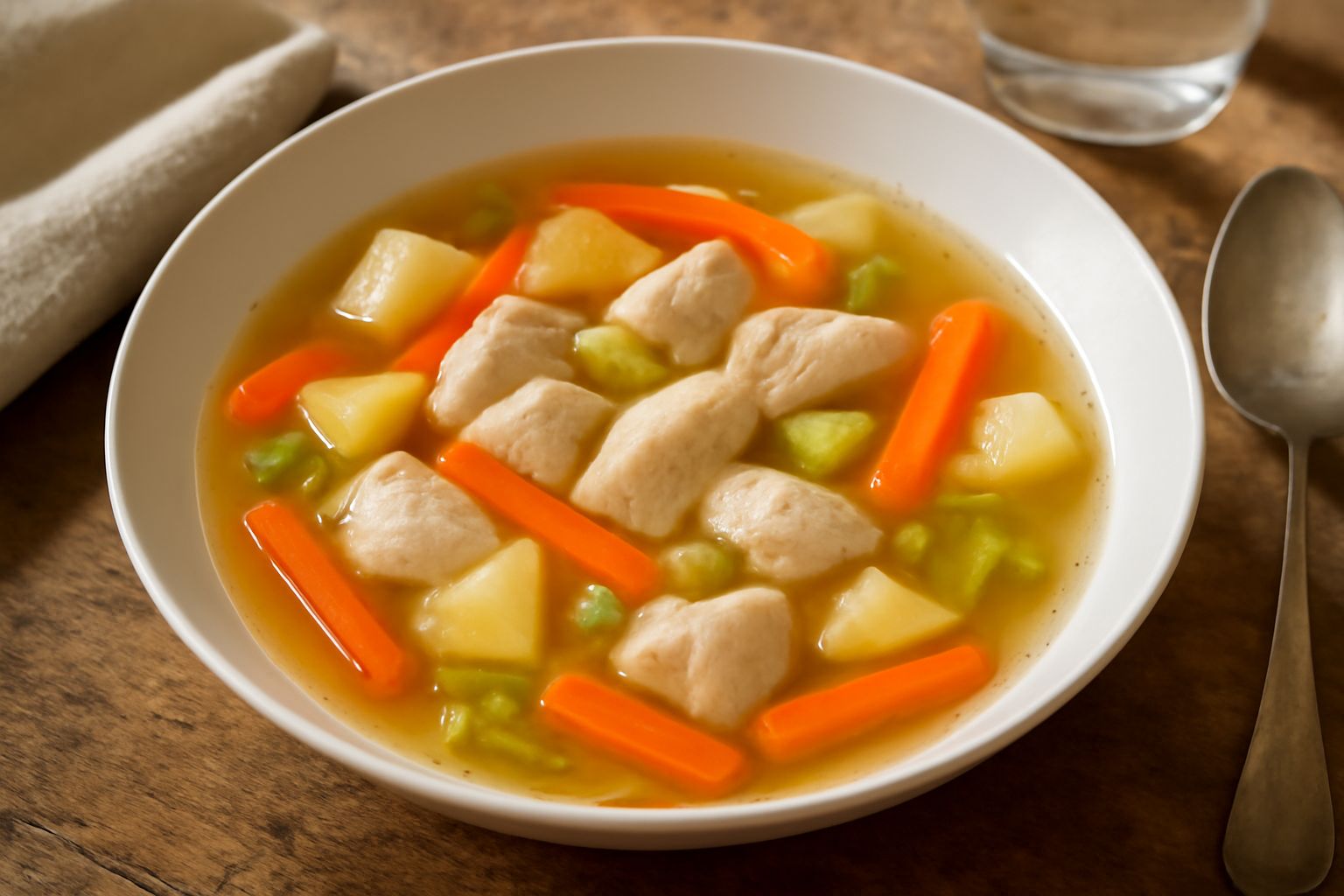 Ciotola di ceramica bianca con pollo bollito circondato da patate, carote e sedano in brodo trasparente, guarnito con prezzemolo fresco