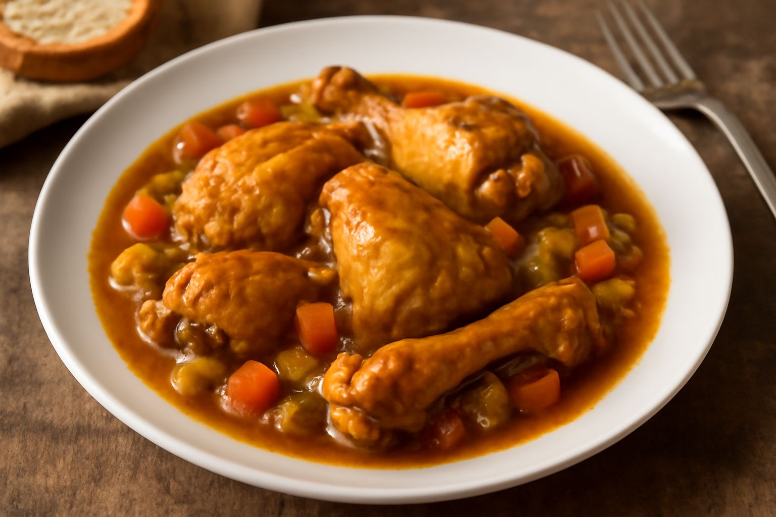 Pollo in umido in piatto bianco con salsa bruno-dorata, accompagnato da carote e patate tenere, prezzemolo fresco sulla superficie, vapore appena visibile