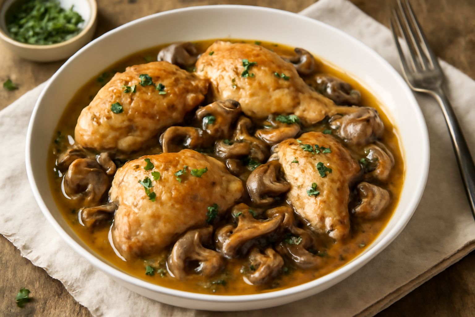 Un piatto bianco fondo con pezzi di pollo tenero in umido circondati da funghi trifolati, salsa densa e lucida, con prezzemolo fresco sminuzzato e cipolla traslucida sullo sfondo