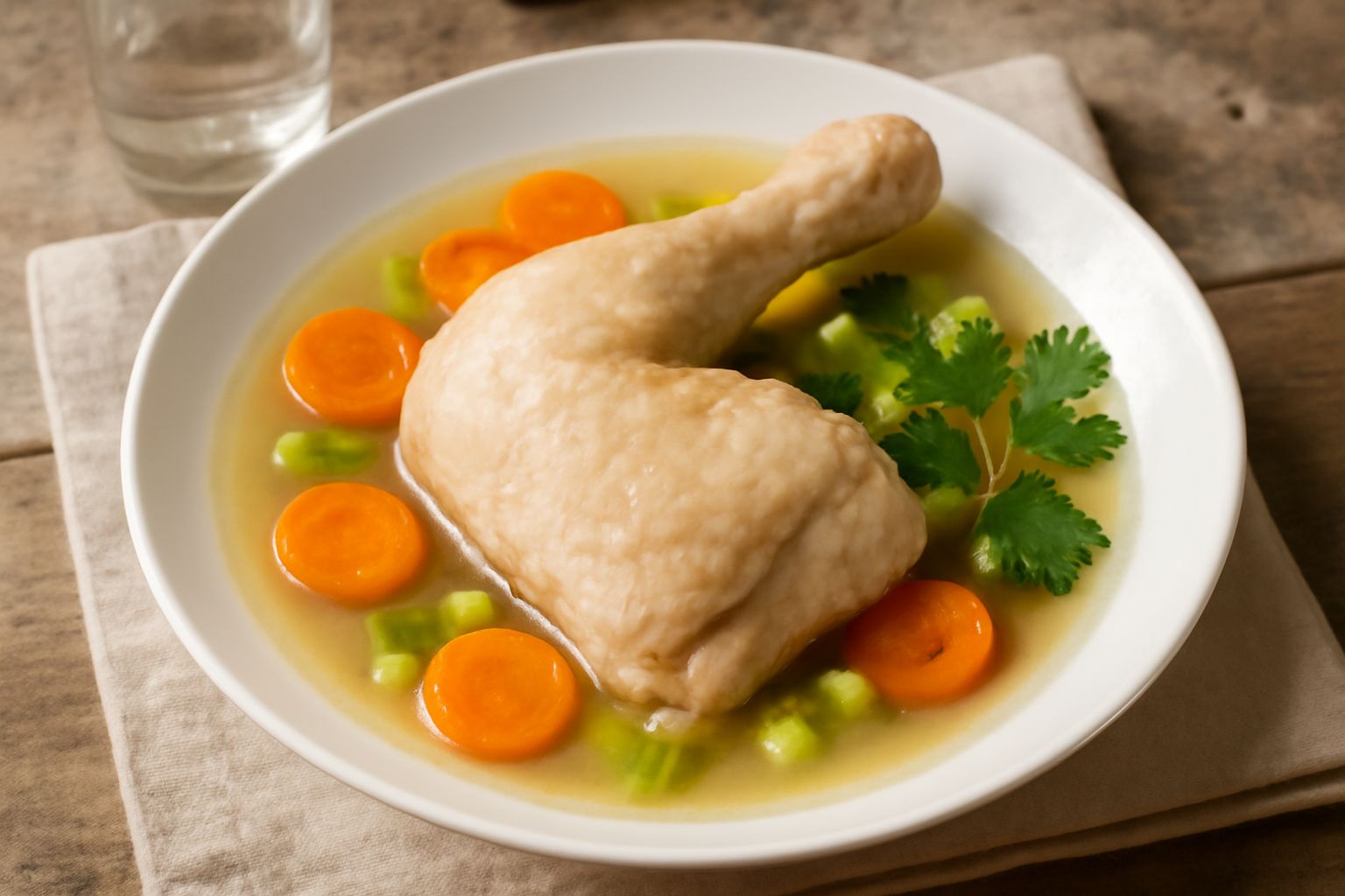 Pollo intero bollito in bianco su piatto bianco con rami di prezzemolo fresco, contorno di carote tagliate a pezzi e sedano, brodo trasparente nel fondo del piatto