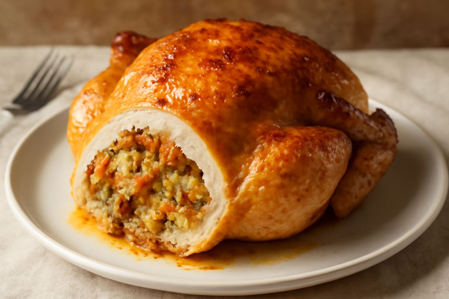 Pollo ripieno dorato al forno, tagliato a metà per mostrare il ripieno di verdure e formaggio, su un piatto bianco con contorno di patate al forno
