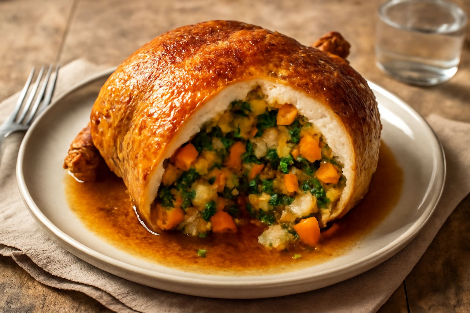 Pollo intero dorato al forno su un piatto bianco, tagliato a metà per mostrare il ripieno di verdure verdi e pane tostato, circondato da insalata fresca e fette di limone