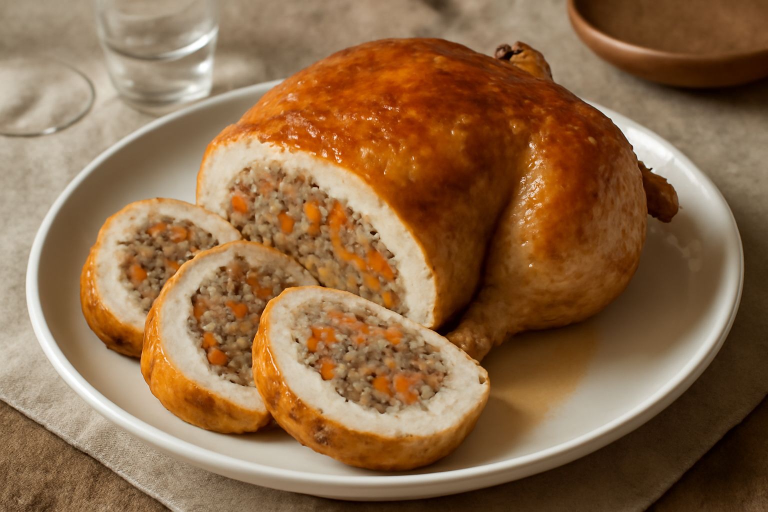 Pollo ripieno disossato su un piatto bianco, con superficie dorata, affettato per mostrare il ripieno di carne trita e verdure verdi, accompagnato da contorno di verdure