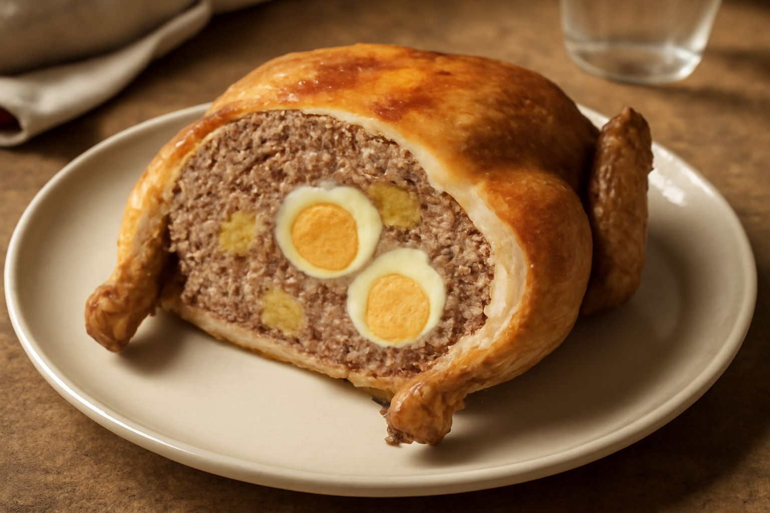 Pollo intero dorato al forno, affettato per mostrare il ripieno di carne macinata e formaggio, servito in un piatto bianco con contorno di patate